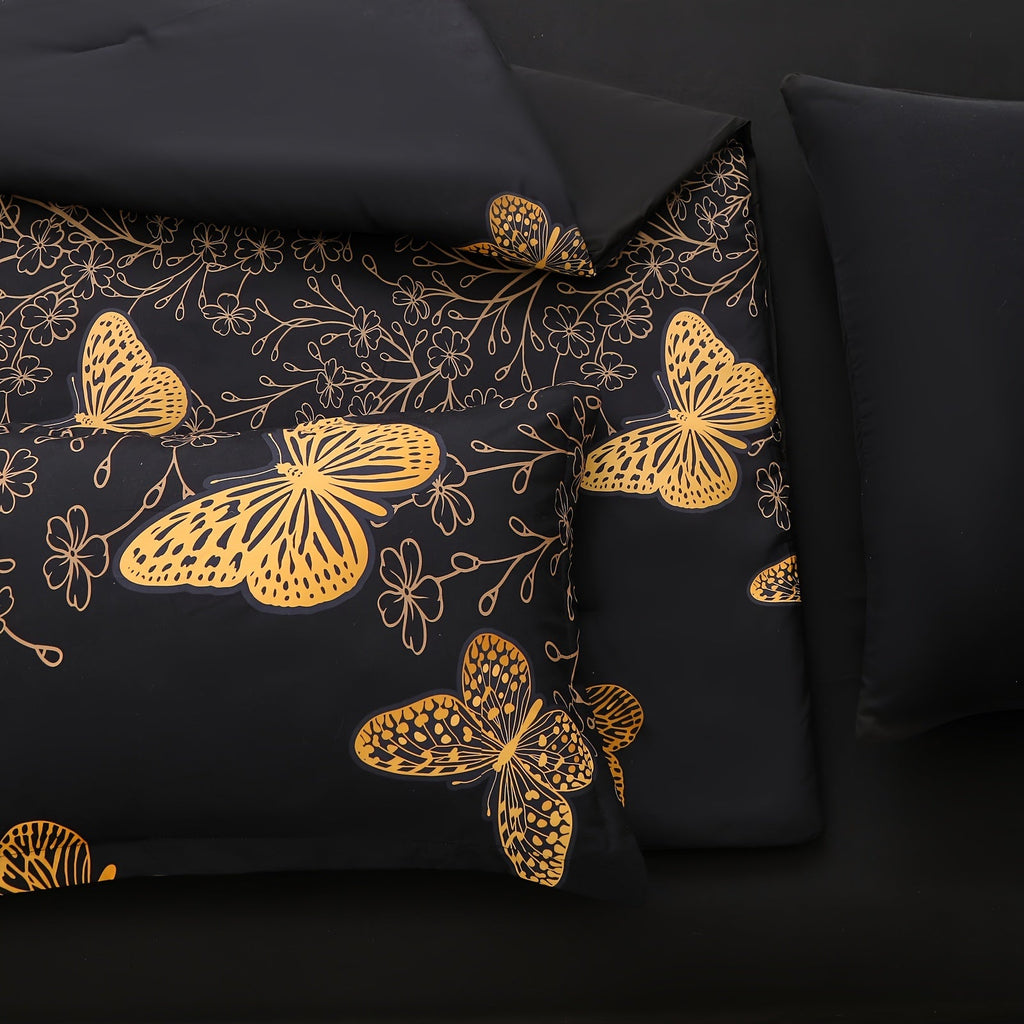 7Pcs Erosebridal Golden Butterfly Print Comforter Set - Stain Resistant, Ultra Soft Microfiber, Lightweight, Woven Bedding With 100% Polyester Fiber Fill - Queen/King Size Bed In A Bag For All Seasons