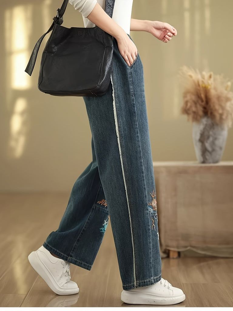 Casual Dragon Embroidery Baggy Jeans For Women - Soft, Comfortable, Versatile, Flattering And Casual Straight Leg Baggy Pants For Everyday Wear, Practical Pockets