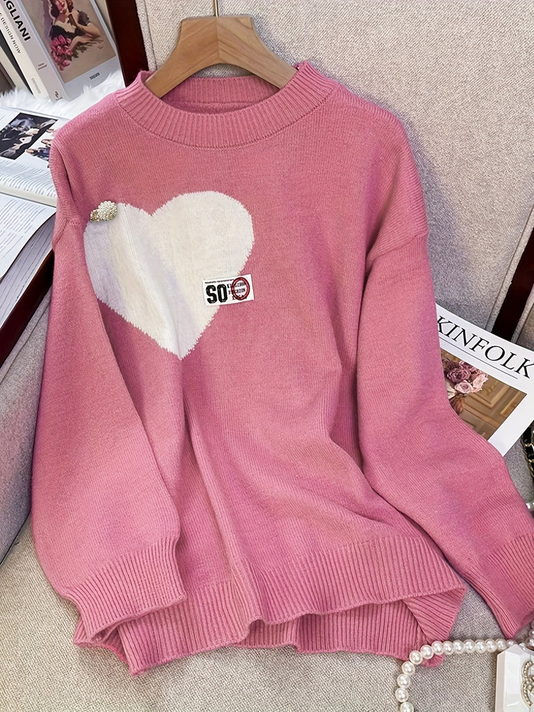 Heart Pattern Crew Neck Sweater, Sweet Long Sleeve Sweater For Fall & Winter, Women's Clothing