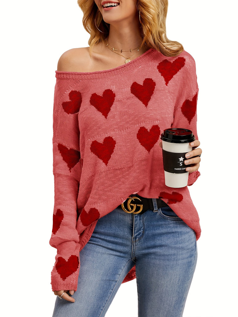 Hearts Print Crew Neck Pullover Sweater, Sexy Baggy Long Sleeve Ribbed Knitted Sweater For Fall & Spring, Women's Clothing