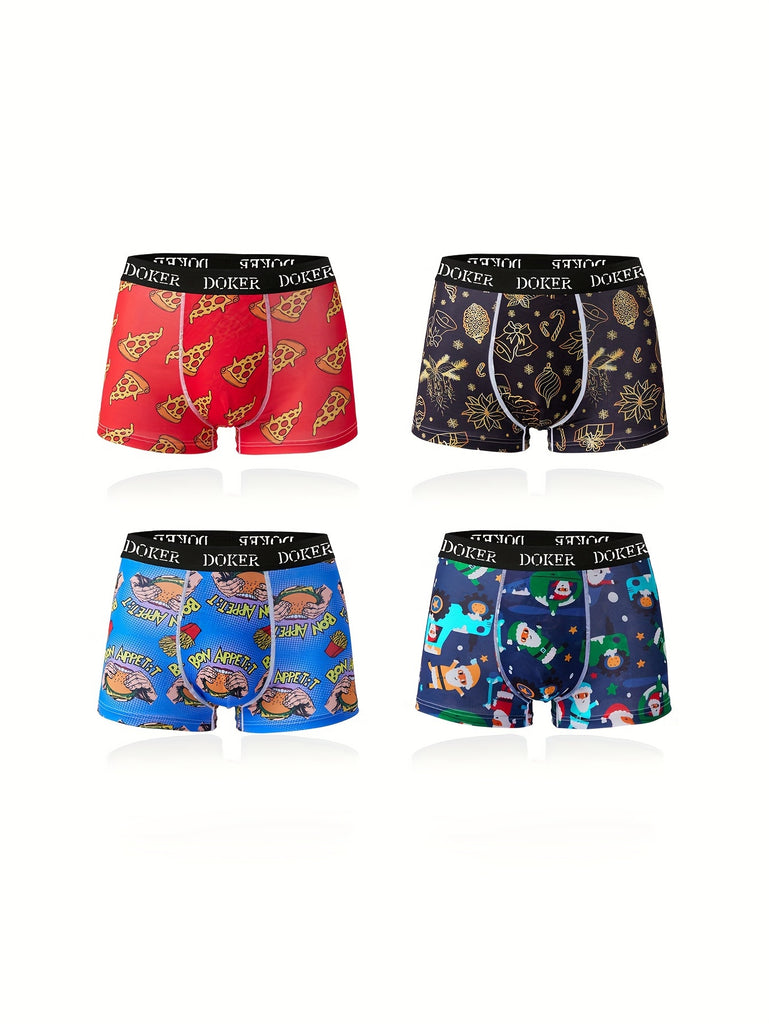 4-Pack Men'S Boxer Briefs, Christmas Print, Short Length, Stretch Polyester, Elastic Waistband, Knit Fabric, Sports/Punching/Cycling Underwear