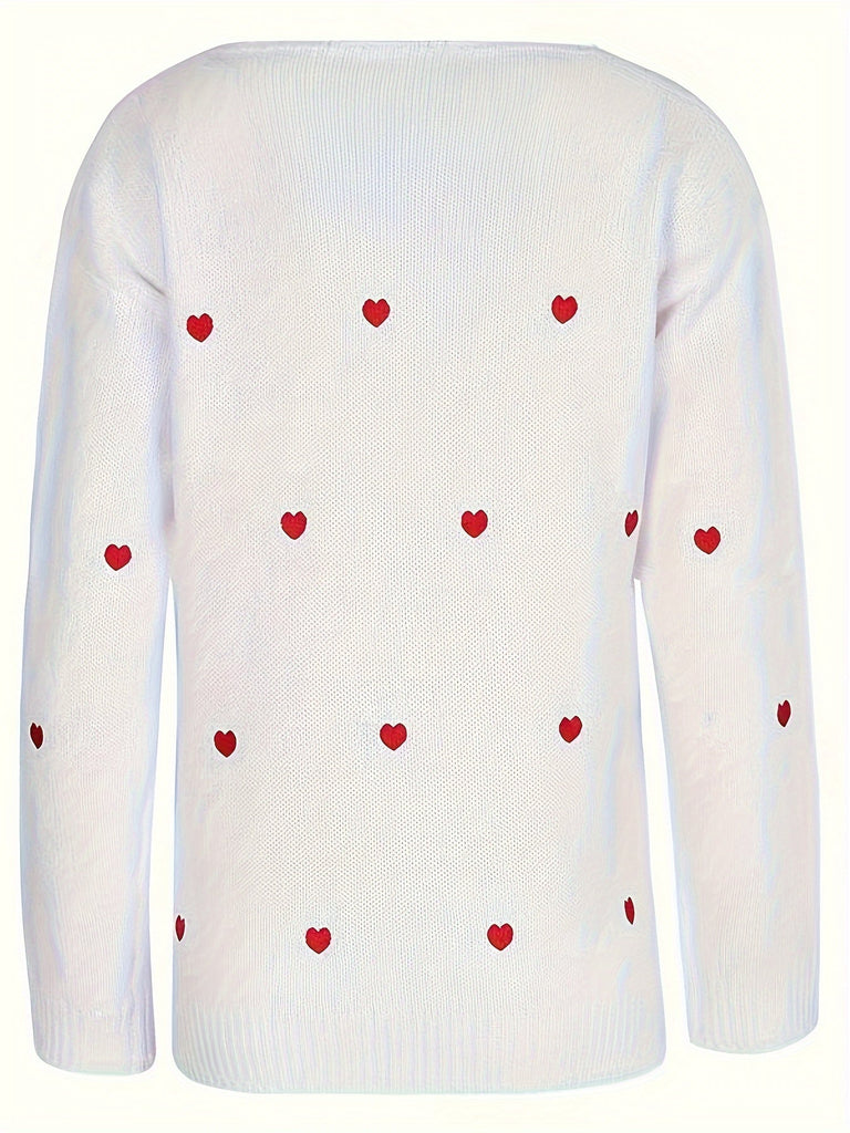 Heart Pattern V Neck Sweater, Casual Long Sleeve Sweater For Fall & Winter, Women's Clothing
