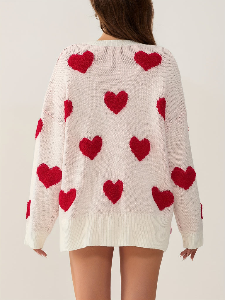 Chic Heart Pattern Sweater for Women - Cozy Acrylic, Long Sleeve, Round Neck Pullover - Perfect for Fall & Winter