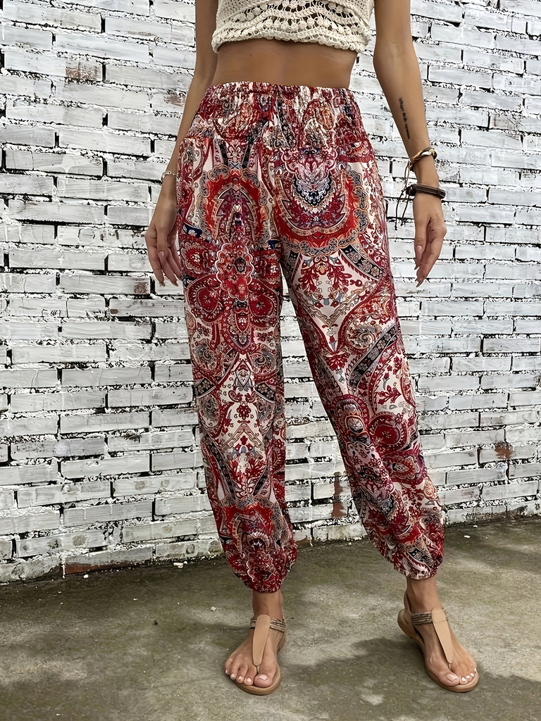 Women's High Waist Shirred Pants - Plant Print, Casual, Comfortable, Spring and Summer Essential, Elastic Waistband, Relaxed Fit