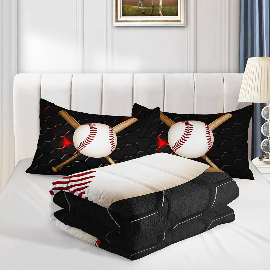 3Pcs Modern Fashion Polyester Comforter Set (1 * Comforter + 2 * Pillowcases, Core Not Included), Sports Theme Baseball Honeycomb Print Bedding Set, Soft And Comfortable Skin-friendly Comforter For Bedroom, Guest Room.