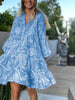 V-neck Print Flared Sleeve Skirt