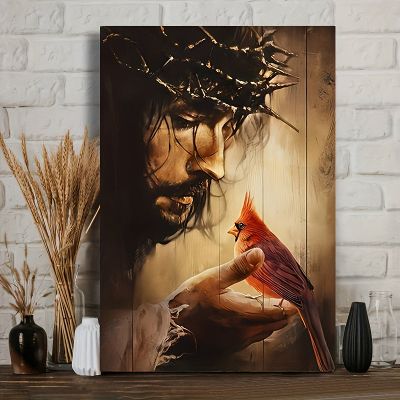 1pc Wooden Framed Red Cardinals Canvas Painting Art Prints Wall For Bedroom Living Room Home Decor Thorn Crown Jesus Portrait Canvas Print Poster Picture With Framed Ready to Hang Art Gift For Her Him