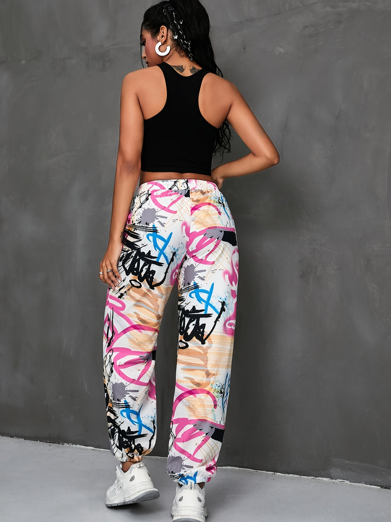 Vibrant Graffiti Print High-Waist Jogger Pants - Women's Casual Pants for Spring & Summer - Comfortable, Versatile, and Stylish Fashion Essentials