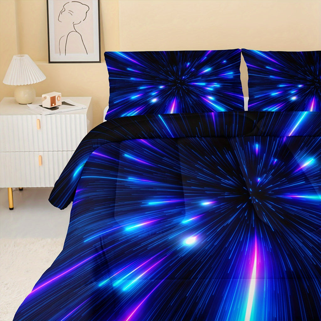 Abstract Lines 3D Quilt Set, Stars Meteor Galaxy Bed Comforter Set, Blue Bedding Set, Soft Lightweight Bed Comforter Set, 1 Comforter And 2 Pillowcases