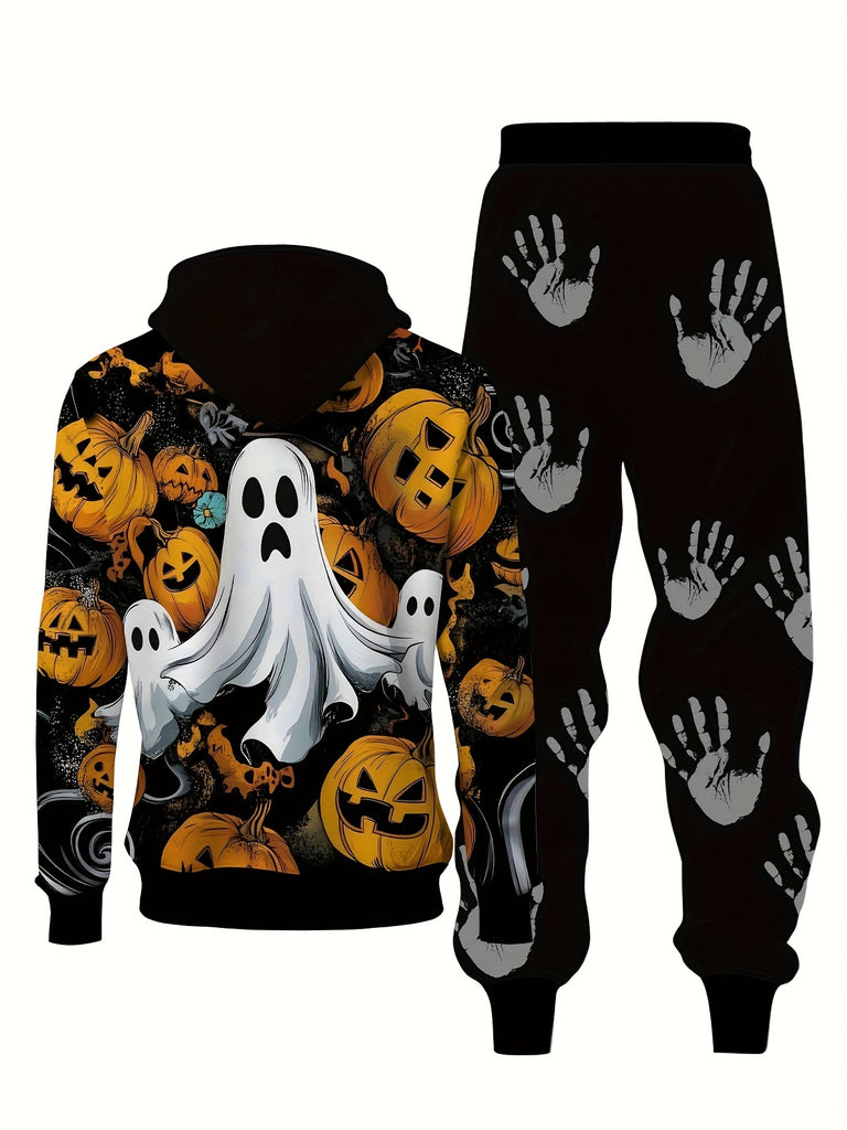 Men's Halloween Pumpkin Pattern Fashion Novelty Pajamas Loungewear Set, Hoodie And Sweatpants Set, Long Sleeve Sweatshirts Jogger Pant 2 Piece Outfits For Men