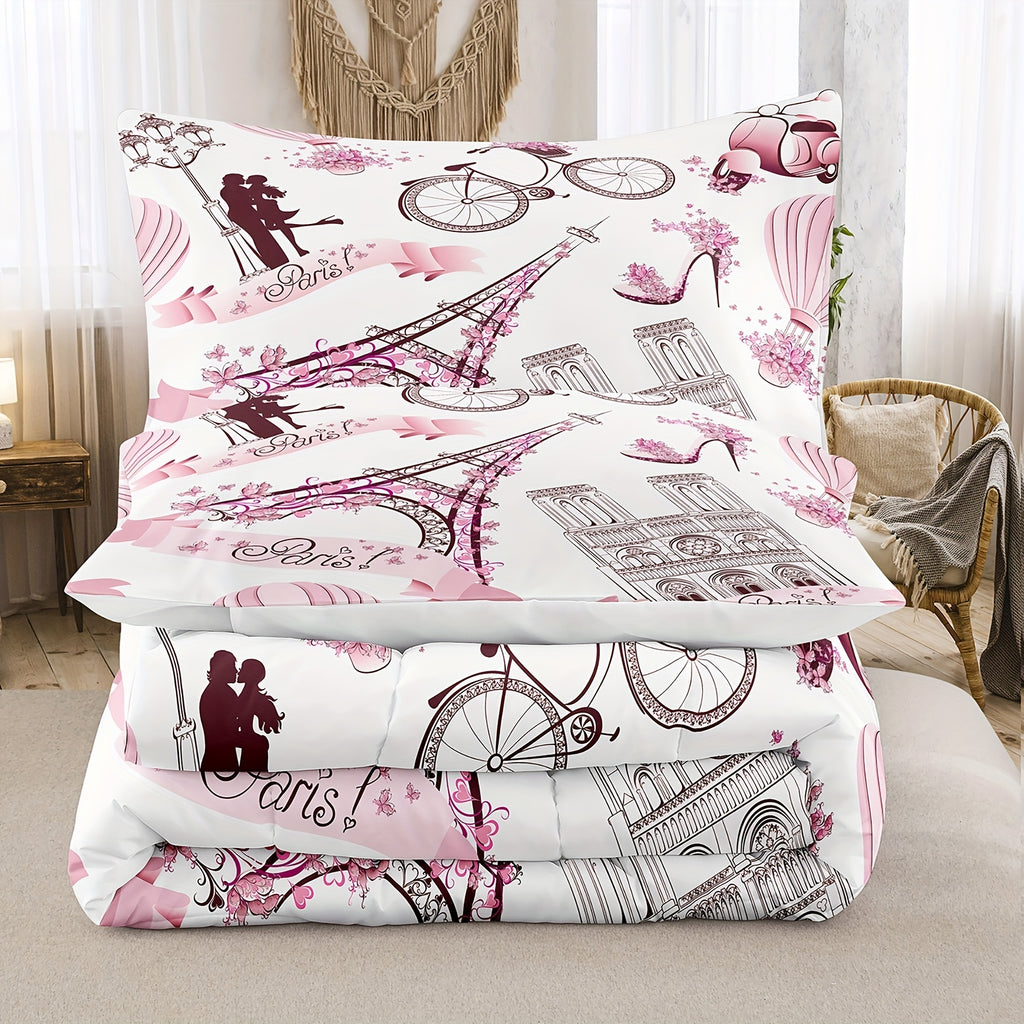 2/3pcs Modern Romantic Comforter Set, Couple Flower Eiffel Tower Print Bedding Set, Soft Comfortable And Skin-friendly Comforter For Bedroom, Guest Room (1*Comforter + 1/2*Pillowcase, Without Core)