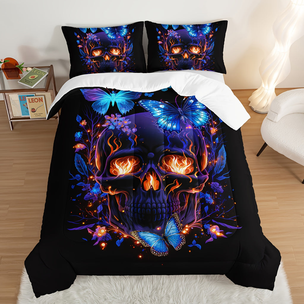 3-piece Skull And Butterfly Print Comforter Set, Fashionable Design, Super Soft Polyester, Gentle On The Skin, Plush And Comfortable, 1 Comforter And 2 Pillowcases, Comforter Insert Not Included, Perfect For Bedroom And Guest Room Decoration.