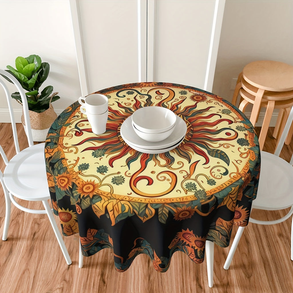 Vibrant 3D Mandala Sunflower Round Tablecloth - Easy-Care Polyester, Perfect for Home & Dining Decor