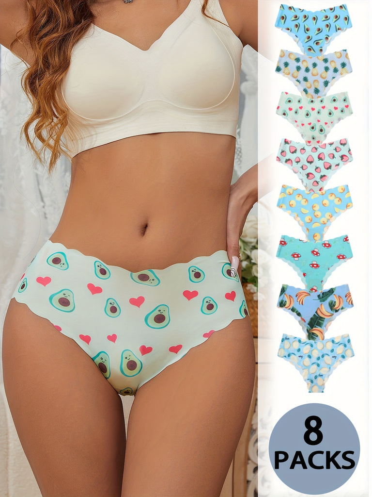 8 Pcs Seamless Fruit & Vegetables Print Briefs, Ultra-Comfy Stretchy Intimates Panties with Breathable Fabric for Women