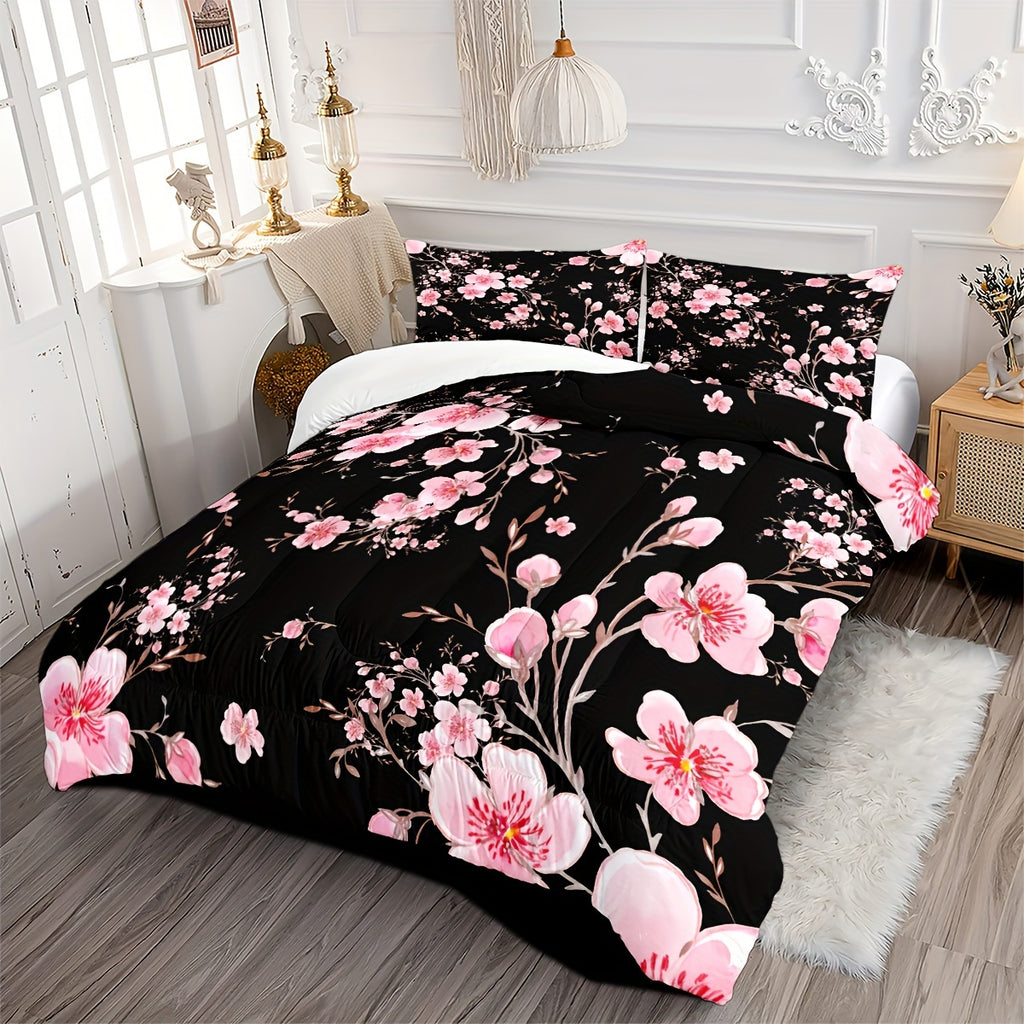 3pcs Pink Floral Comforter Set (1*Comforter + 2* Pillowcase) Elegant Girls Flower Leaf Botanical Bedding Set, Soft Comfortable Flower Branches Floral Patteren Quilt For All Season