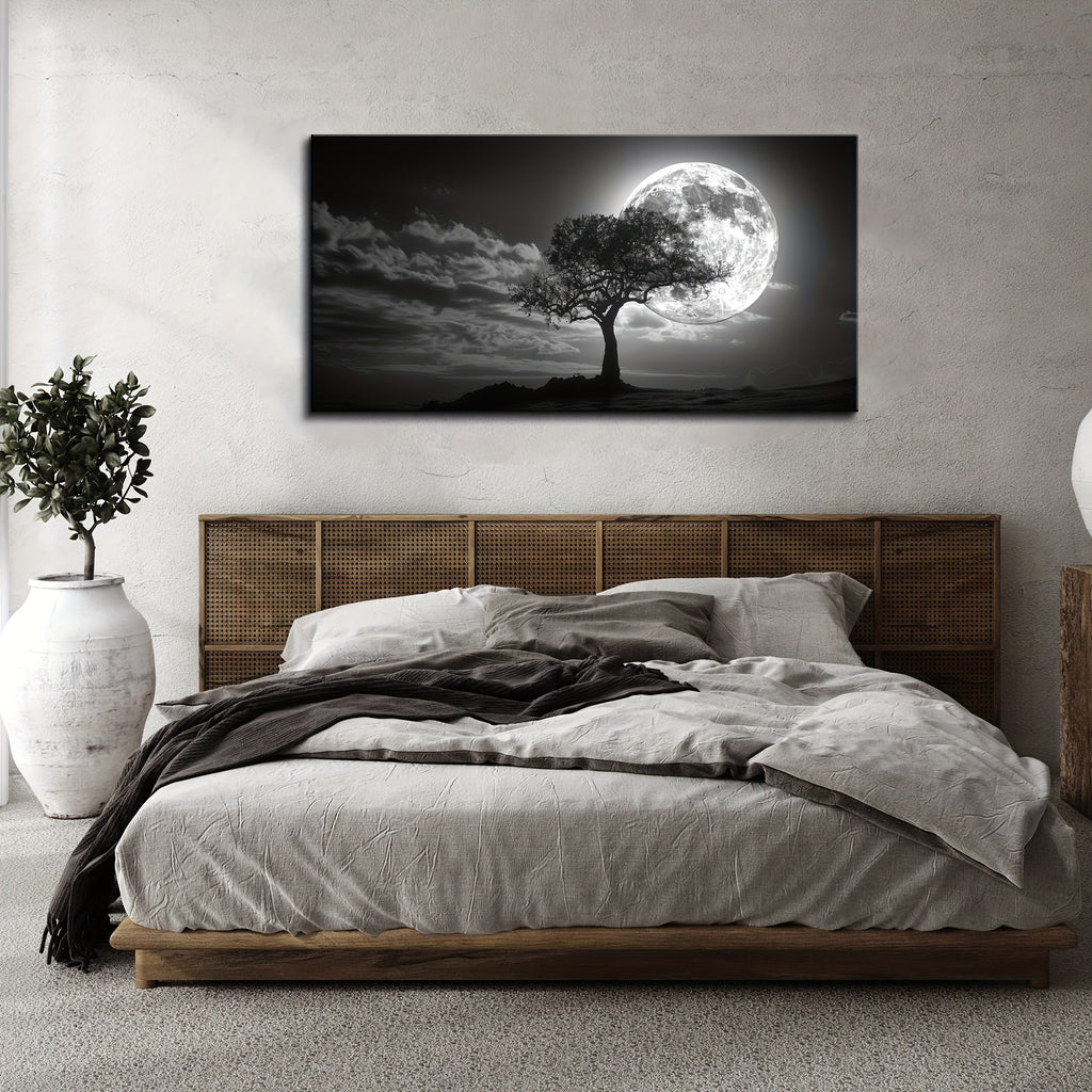 1.5inch Thickness Pine Solid Wood FramedCanvas Wall Art Decor Flower Tree And Moon Black And White Print For Bedroom