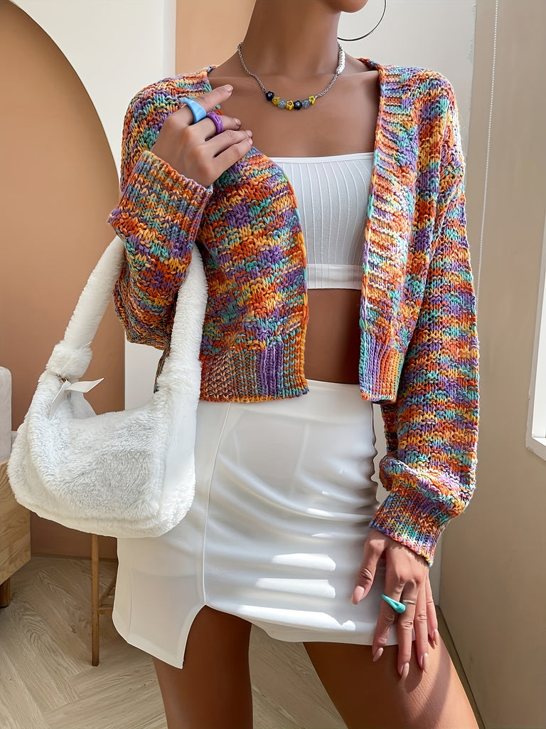 ZAFUL Women's Casual Cute Collarless Knitted Rainbow Cardigan