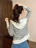 Women's Striped Hooded Knit Sweater Cardigan, Viscose, Korean Style, Zippered, Long Sleeve, Winter Casual Loose Fit Top