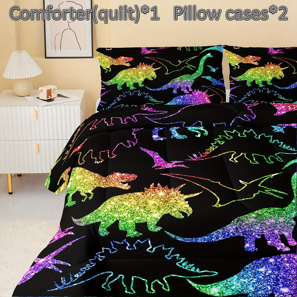 Rainbow Dinosaur Comforter Set Colorful Dino Bedding Cartoon Dinosaur With Shiny Glitter Bedding Set Bedroom Decor (1 Comforterr + 2 Pillowcases) Lightweight