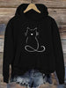 Cat Print Kangaroo Pocket Hoodie, Casual Drawstring Hooded Sweatshirt For Fall & Spring, Women's Clothing