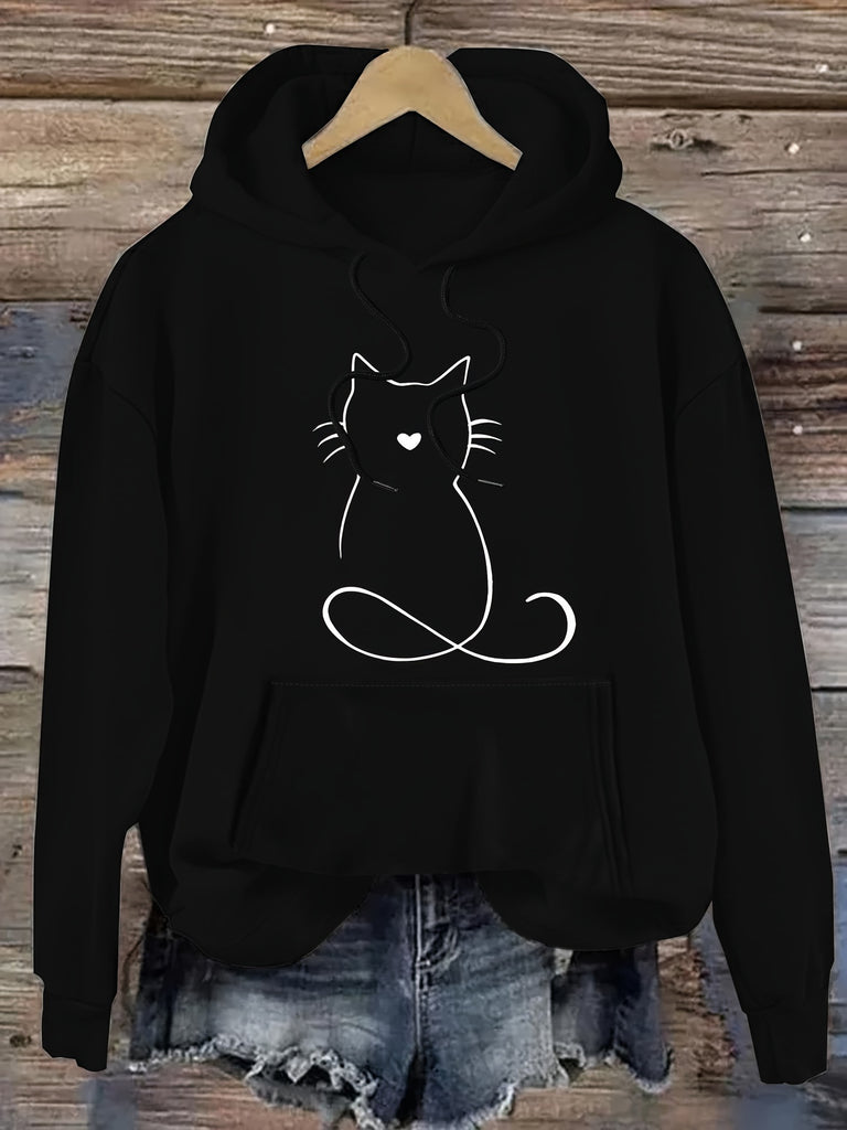 Cat Print Kangaroo Pocket Hoodie, Casual Drawstring Hooded Sweatshirt For Fall & Spring, Women's Clothing