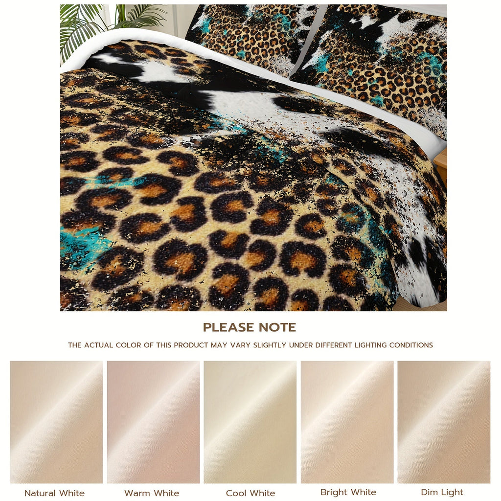3pcs Highland Rustic Cow Fur Print Comforter Set (1 Comforter + 2 Pillowcase Without Pillow Insert) For All Seasons, Microfiber Western Farmhouse Style Leopard Print Bedding Set For Bedrooms Decoration