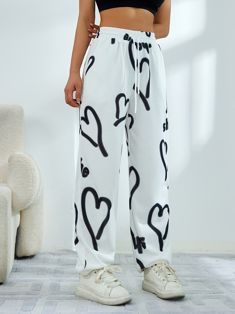 Heart Print Drawstring Waist Jogger Sweatpants, Casual Daily Wear Workout Pants For Spring & Fall, Women's Clothing