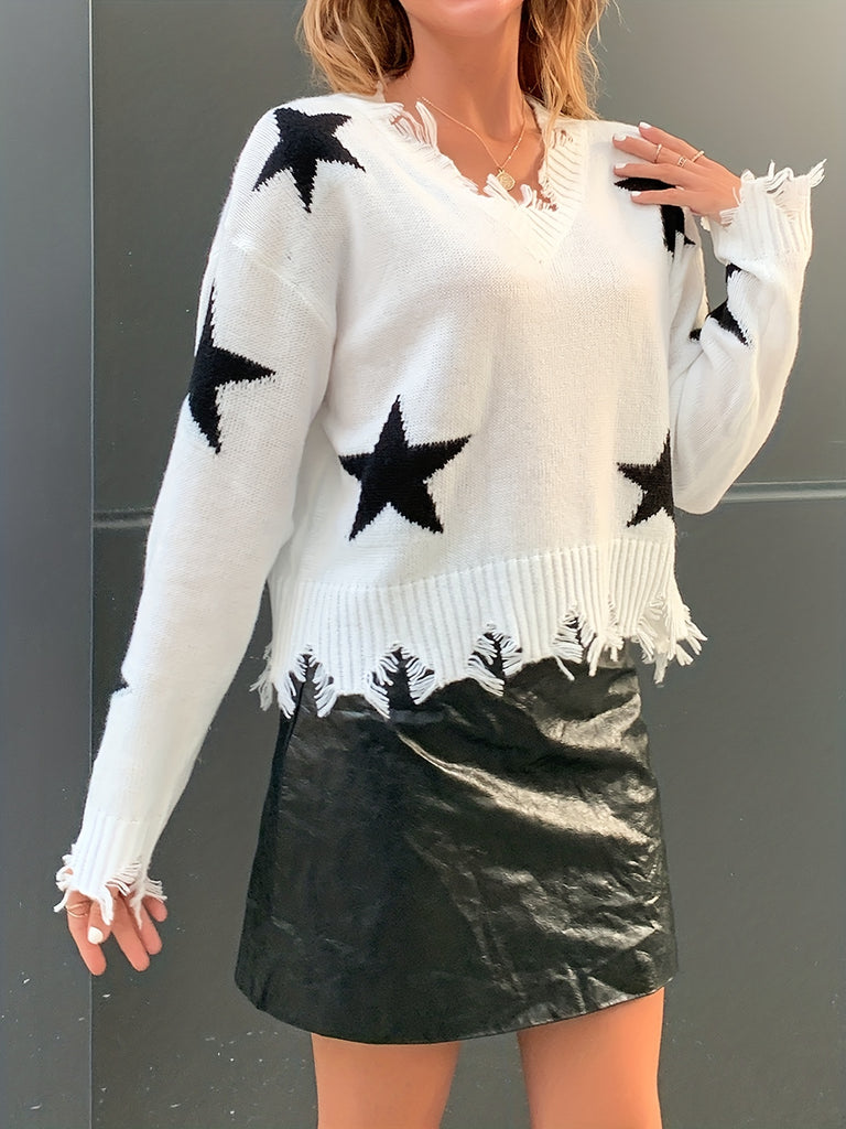 Tassel Stars Print Knit Sweater, Casual Drop Shoulder Long Sleeve Sweater, Women's Clothing