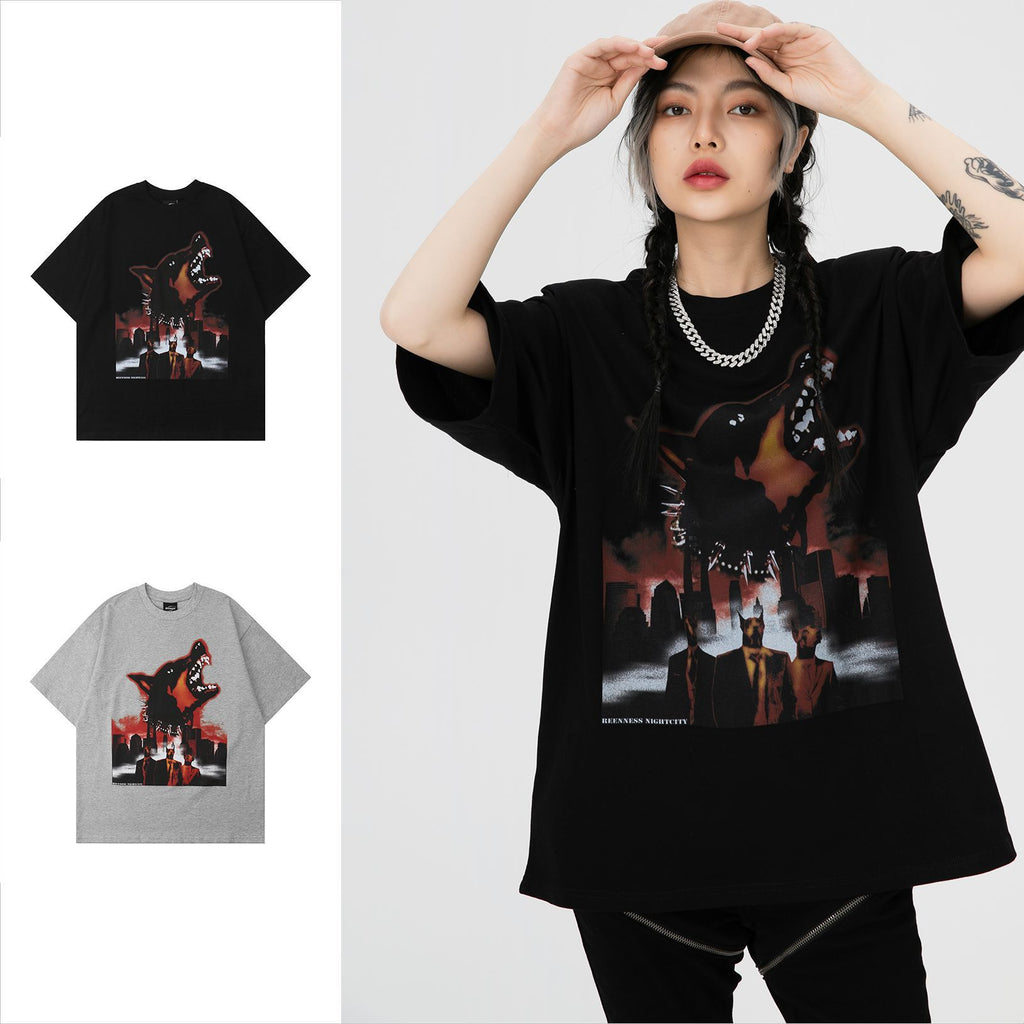 Street Design Theme Dark Dog Head Man Short Sleeve