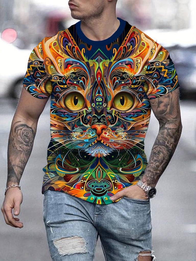 Men's eye-catching and colorful cat print T-shirt - lightweight short sleeved round neck, perfect for outdoor exploration and daily style