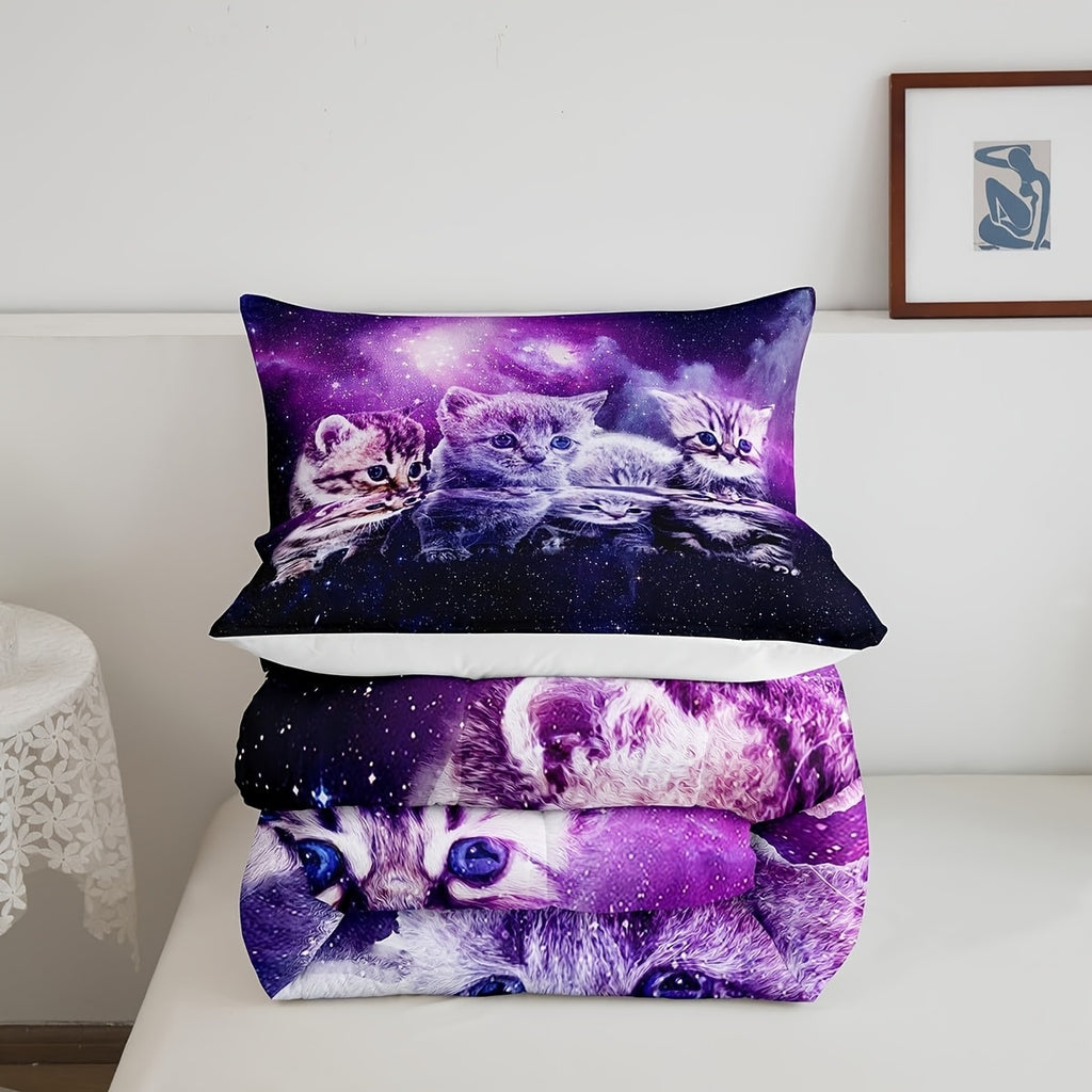 2/3pcs Cat Comforter Cute Pet Cats Pattern Bedding Set, Outer Space Kawaii Kitten Comforter Set for Men Women, 3D Animal Theme Galaxy Quilt Set with 1/2 Pillowcases, Room Decor, All Season Lightweight Soft Warm, Christmas Gifts Decoration Ornaments