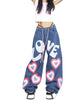 Bopoft American Vintage Jeans Women's Street Style Love Graffiti Print Loose Skinny Jeans High Waist Tie Casual Straight Leg Pants Lazy Aesthetics Hot Girls Trendy Floor Mopping Wide Leg Pants Hip Hop Street Casual Versatile Cargo Pants Sports Pants