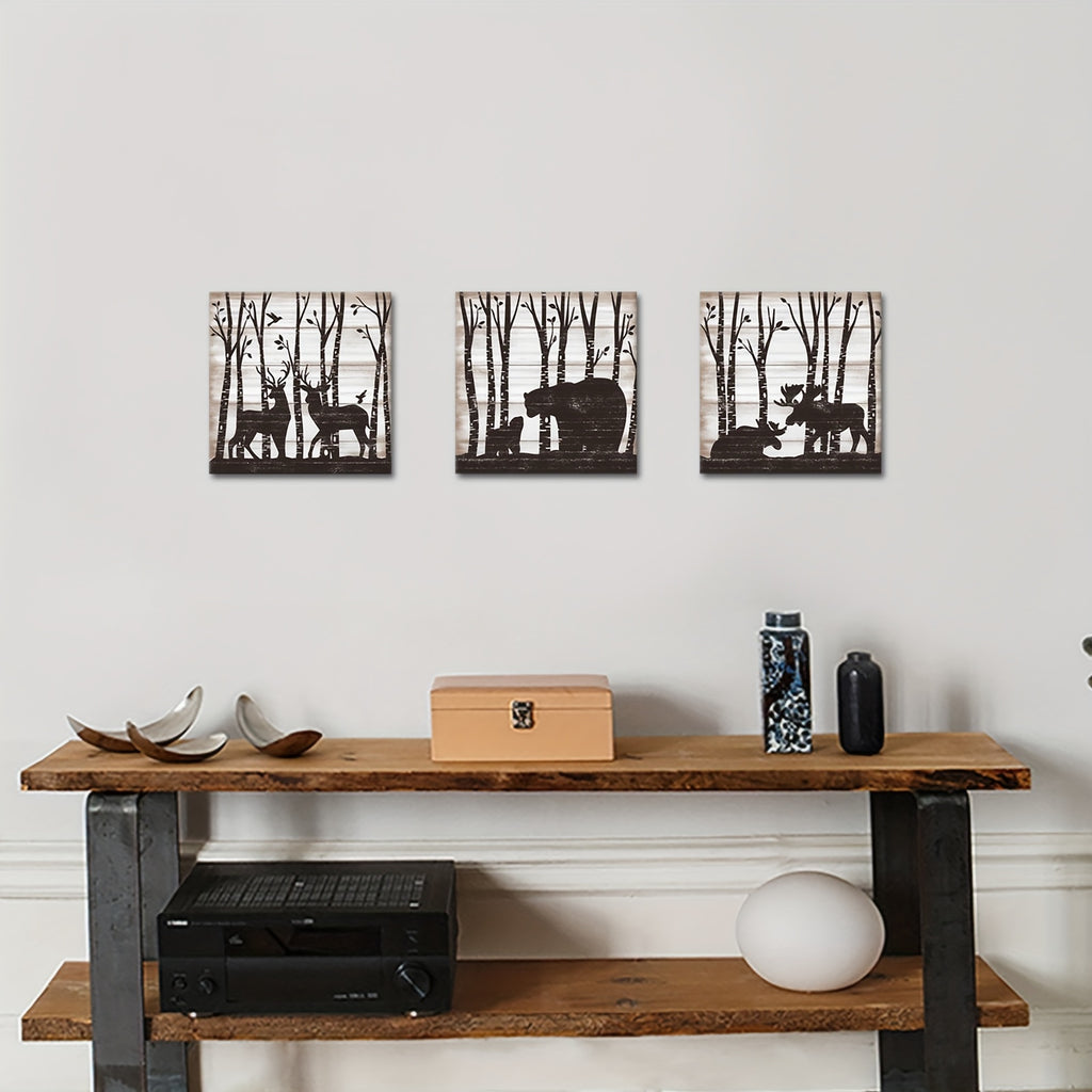 3 Piece Wild Animal Canvas Wall Art Black Bear Deer Moose Family In Forest Rustic Wood Painting Picture Abstract Artwork Prints For Home Farmhouse Bathroom Decor Framed Ready To Hang