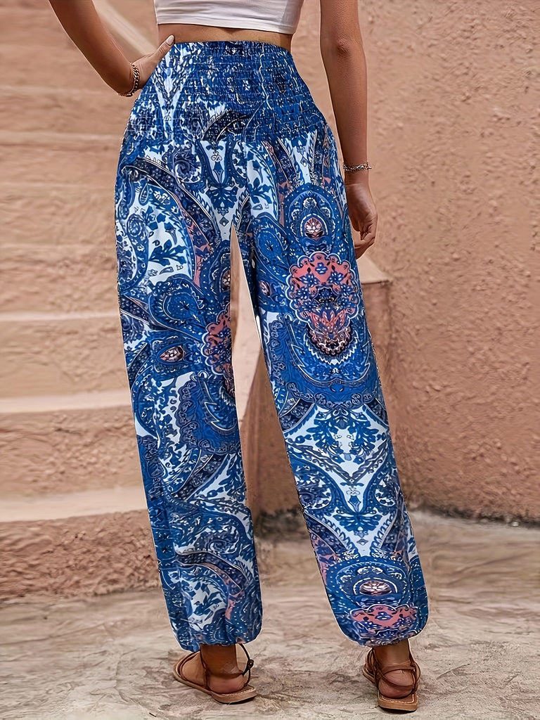 Women's High Waist Shirred Pants - Plant Print, Casual, Comfortable, Spring and Summer Essential, Elastic Waistband, Relaxed Fit