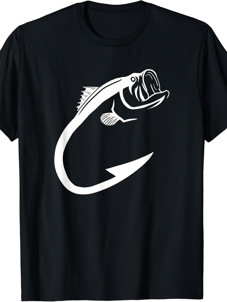 Fish Hook Minimal Art Printed T-shirt - Comfortable, Breathable, Soft, Casual Short Sleeve - For Men - All Season Wear - Perfect Gift for Fishing & Art Lovers