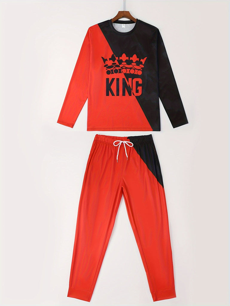 KING Pattern Men's 2Pcs Outfits, Casual Crew Neck Long Sleeve T-shirt And Drawstring Sweatpants Joggers Set For Summer, Men's Clothing
