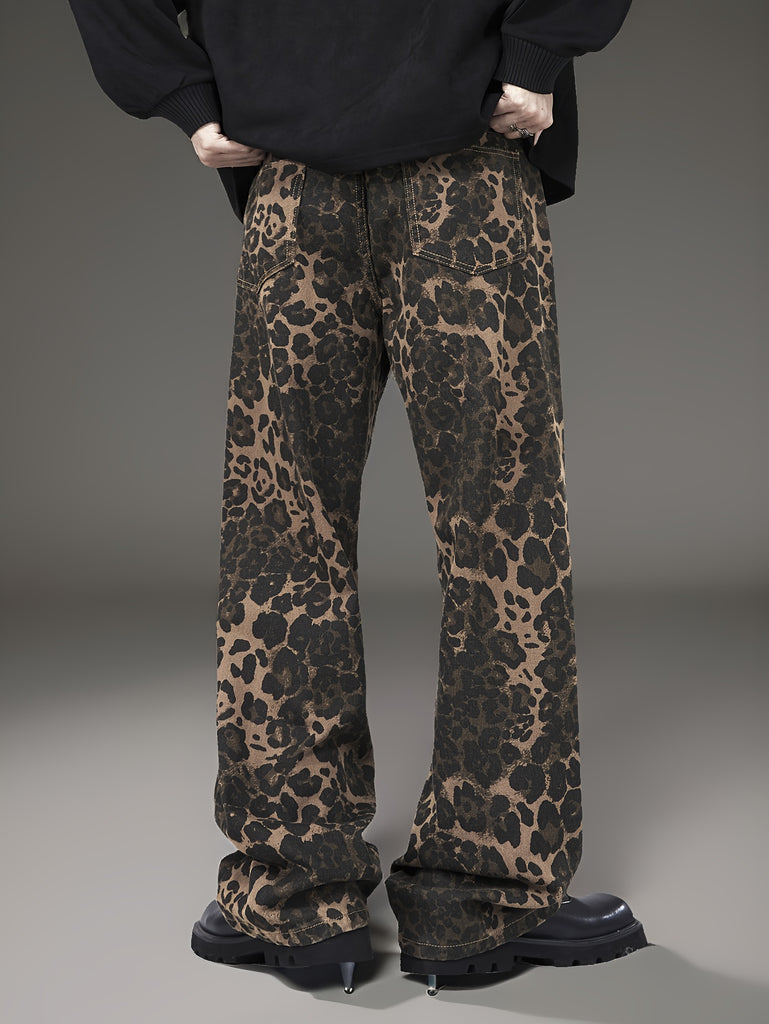 YASUYUAN Men's Leopard Print Denim Jeans - Casual, Loose-Fit Wide Leg Pants with Slant Pockets, Machine Washable