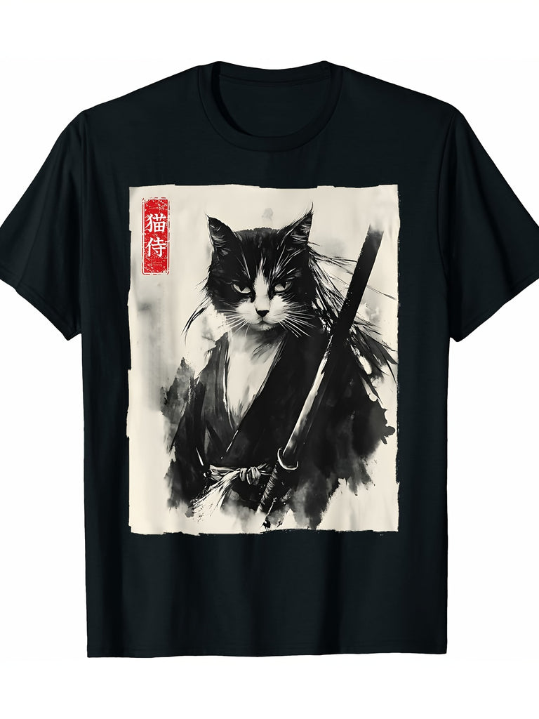 Retro Samurai Cat Print T-Shirt, 100% Cotton, Crew Neck, Slight Stretch, Geometric-Pattern Knit Fabric, Sports Style, Regular Fit, with Applique Detail, for Adults, All-Season Top