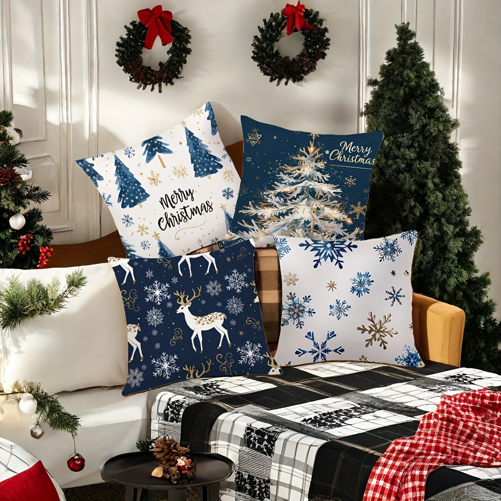 4-Pack Christmas Throw Pillow Covers 18x18 Inch - Contemporary Hand Washable Polyester Cushion Cases with Zipper Closure for Living Room Sofa Decoration, Woven Festive Print Design (Pillow Inserts Not Included)