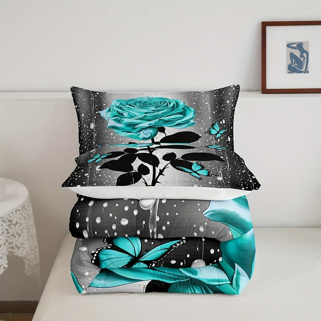 2/3pcs Teal Water Rose Bedding Set, Teal Butterfly Comforter Set for Men Women, Romantic Comforter Floral Flower Quilt Set with 1/2 Pillowcases, Fashionable Room Decor, All Season Lightweight Soft Cozy Warm, Christmas Gifts Decoration Ornaments