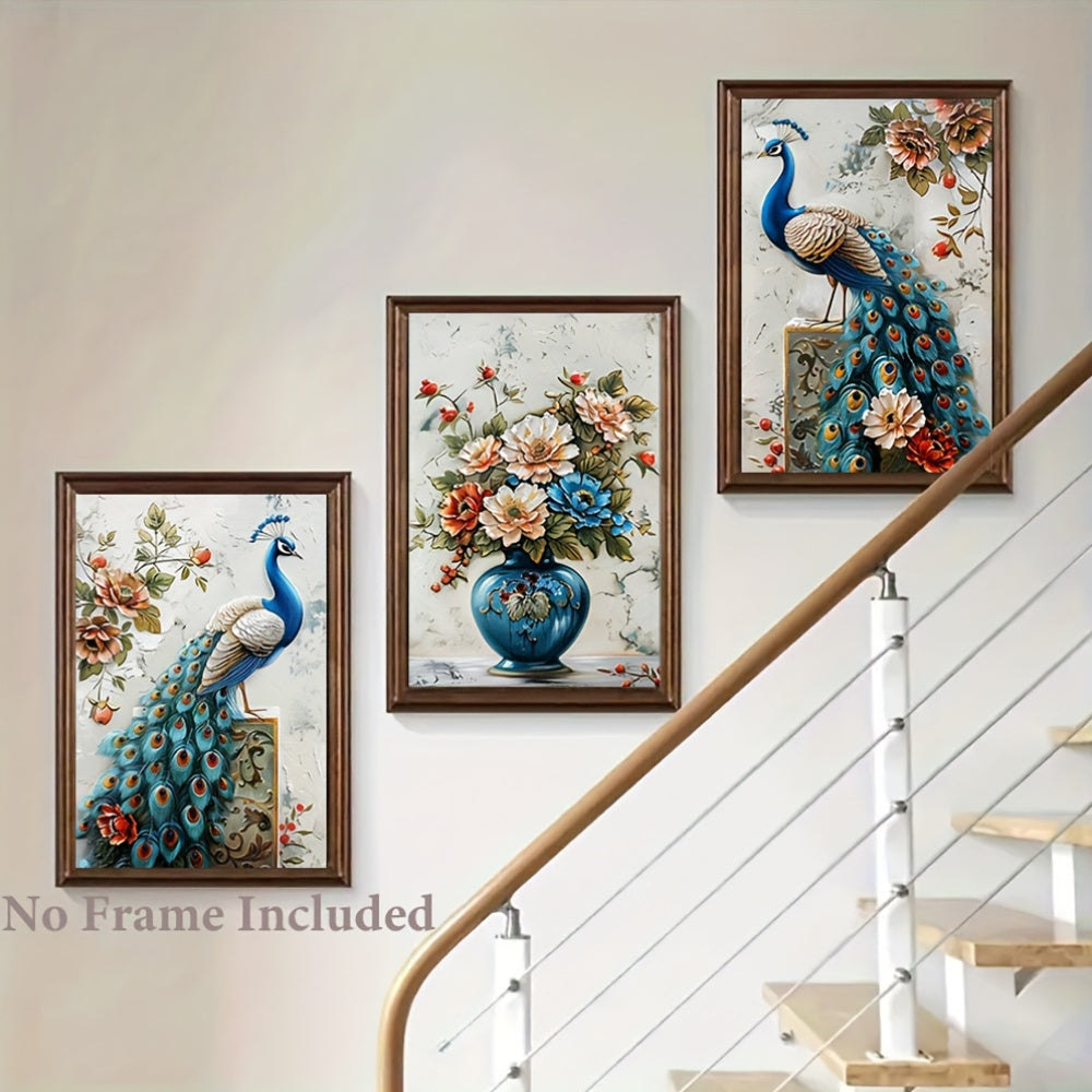 3 Piece Canvas Wall Art Set - Peacock with Floral Vase Print - Unframed High-Quality Canvas Painting - Frameless Wall Decoration for Living Room, Bedroom, Office, Cafe - Peacock Theme Wall Decor 24x16 inches