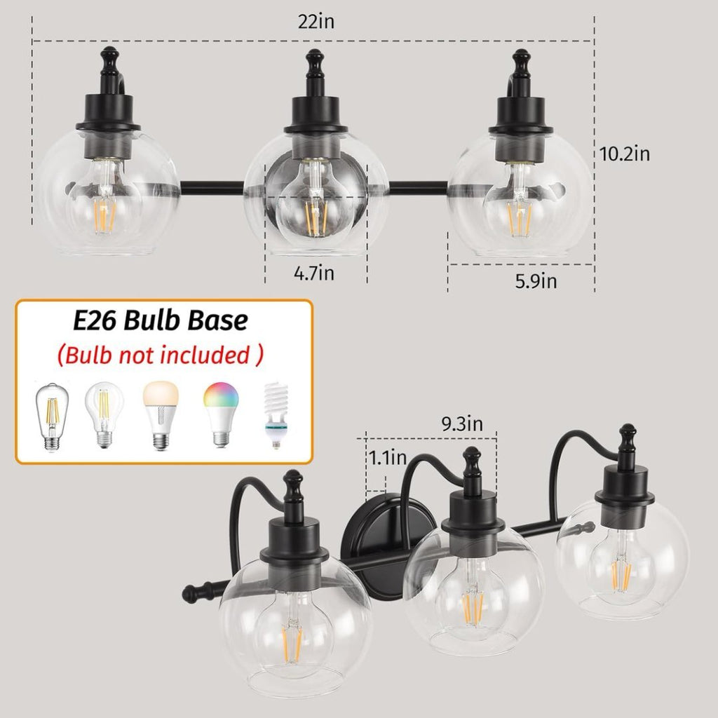 3 Lights Bathroom Vanity Fixture, 22 Inch Bathroom Fixture, Bathroom Lamp Above Mirror With Clear Glass Cover For Living Room And Kitchen, E26 Base
