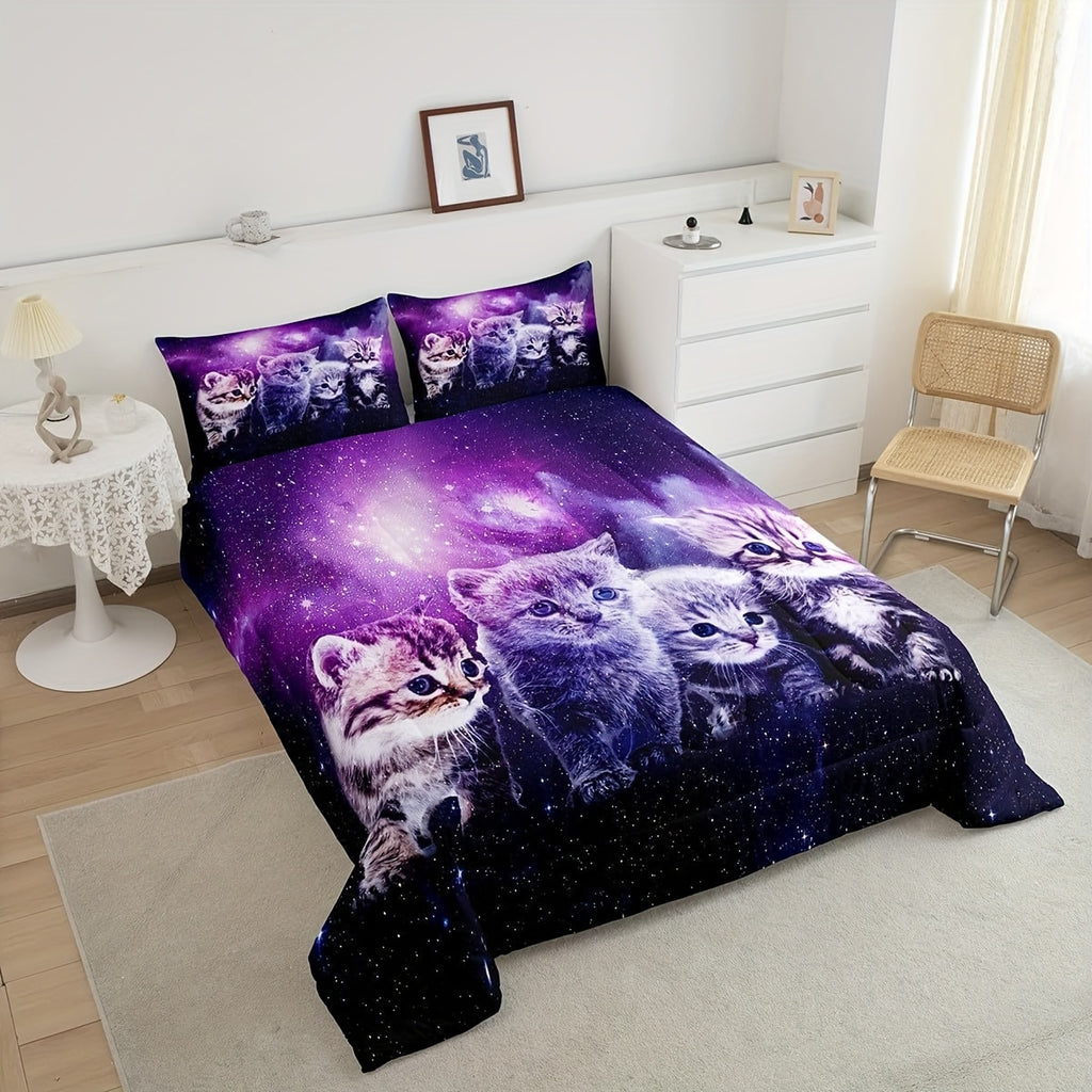 2/3pcs Cat Comforter Cute Pet Cats Pattern Bedding Set, Outer Space Kawaii Kitten Comforter Set for Men Women, 3D Animal Theme Galaxy Quilt Set with 1/2 Pillowcases, Room Decor, All Season Lightweight Soft Warm, Christmas Gifts Decoration Ornaments