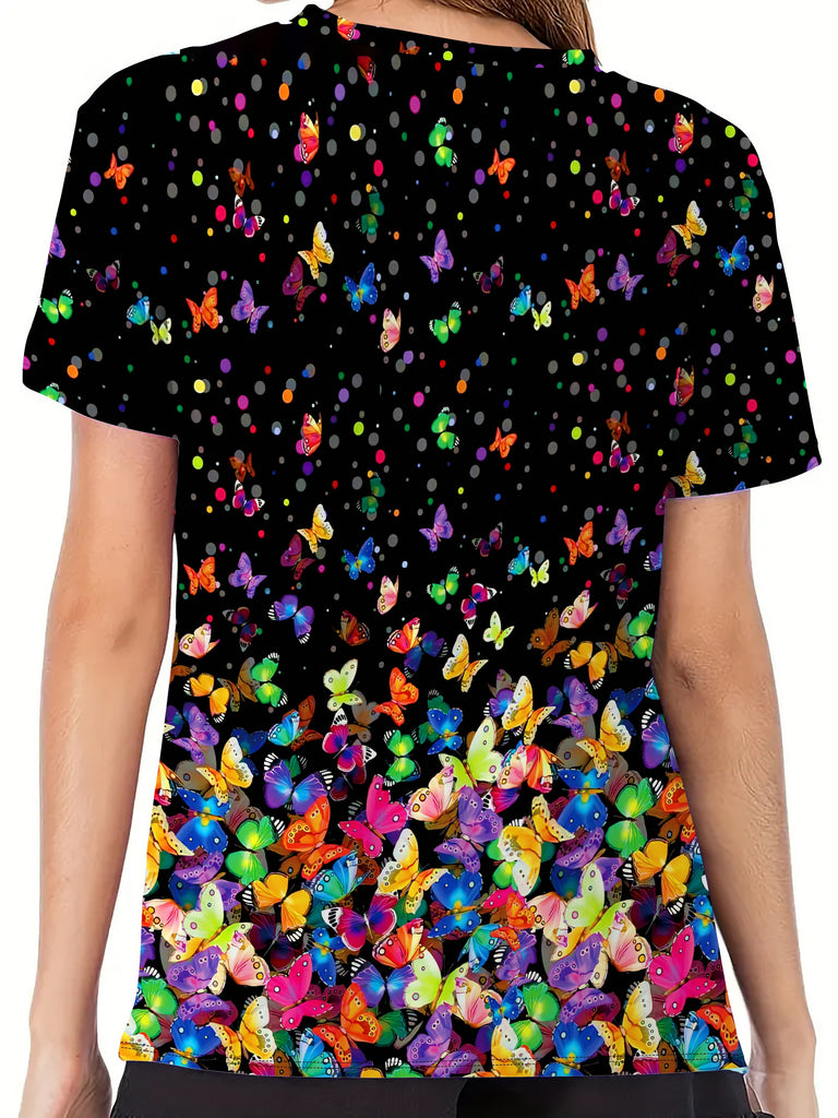 Breezy Comfort, Elegant Women's Butterfly Print T-Shirt - Crew Neck, Short Sleeve, Breathable Polyester Blend, Machine Washable - Perfect for Spring & Summer