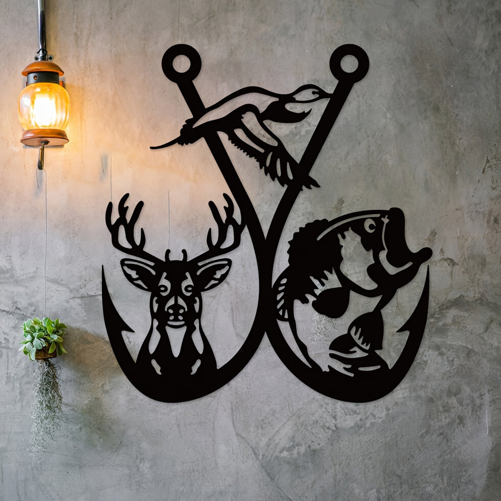 Hunting Fish Hook Metal Wall Sign - Hunters, Outdoor Enthusiasts, Rustic Homeowners - No, Metal, Wall mount, Use Without Electricity - Suitable for Hunting, Cabin, Bedroom