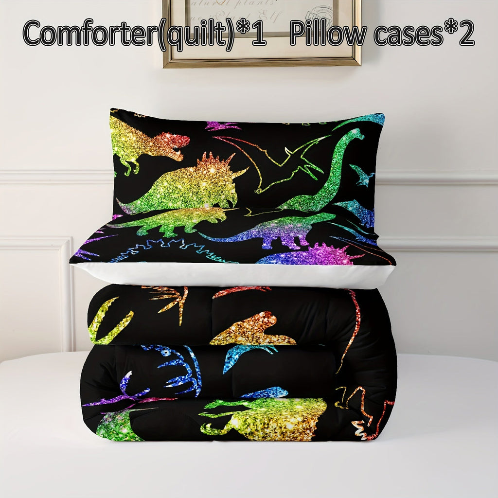 Rainbow Dinosaur Comforter Set Colorful Dino Bedding Cartoon Dinosaur With Shiny Glitter Bedding Set Bedroom Decor (1 Comforterr + 2 Pillowcases) Lightweight