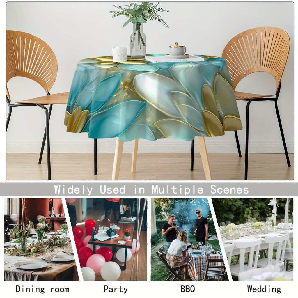 Elegant Golden & Jade Floral Round Tablecloth - Stain & Waterproof, Perfect for Parties, Home Kitchens, and Outdoor Events