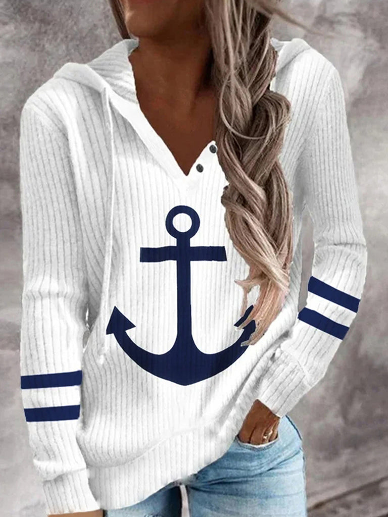 Anchor Print Button Hoodie, Casual Long Sleeve Drawstring Hoodies Sweatshirt, Women's Clothing