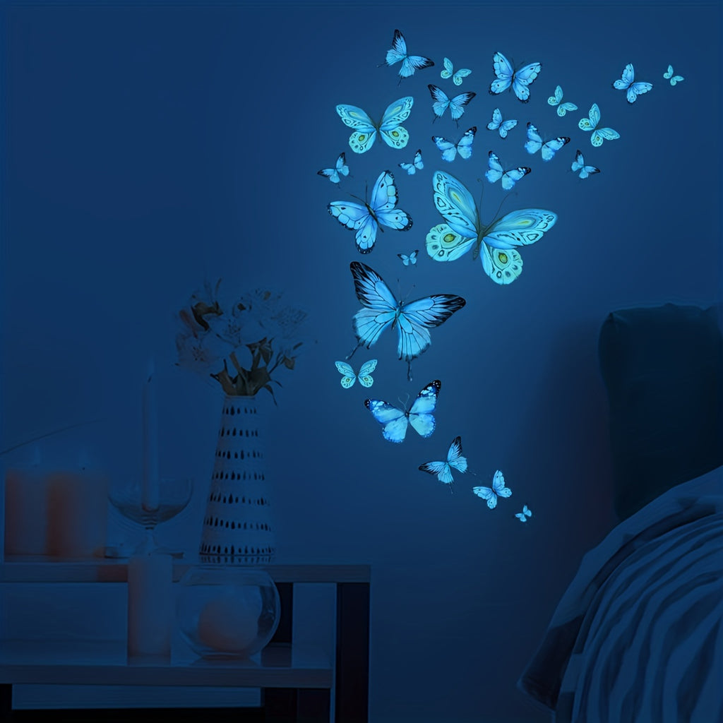 25pcs Vibrant Blue Butterflies Glow-in-the-Dark Stickers - Radiant Design, Waterproof, Detachable, Self-Adhesive Vinyl Decor for Living Room, Bedroom, Bathroom Walls, and More - Transform Your Space with Nighttime Beauty