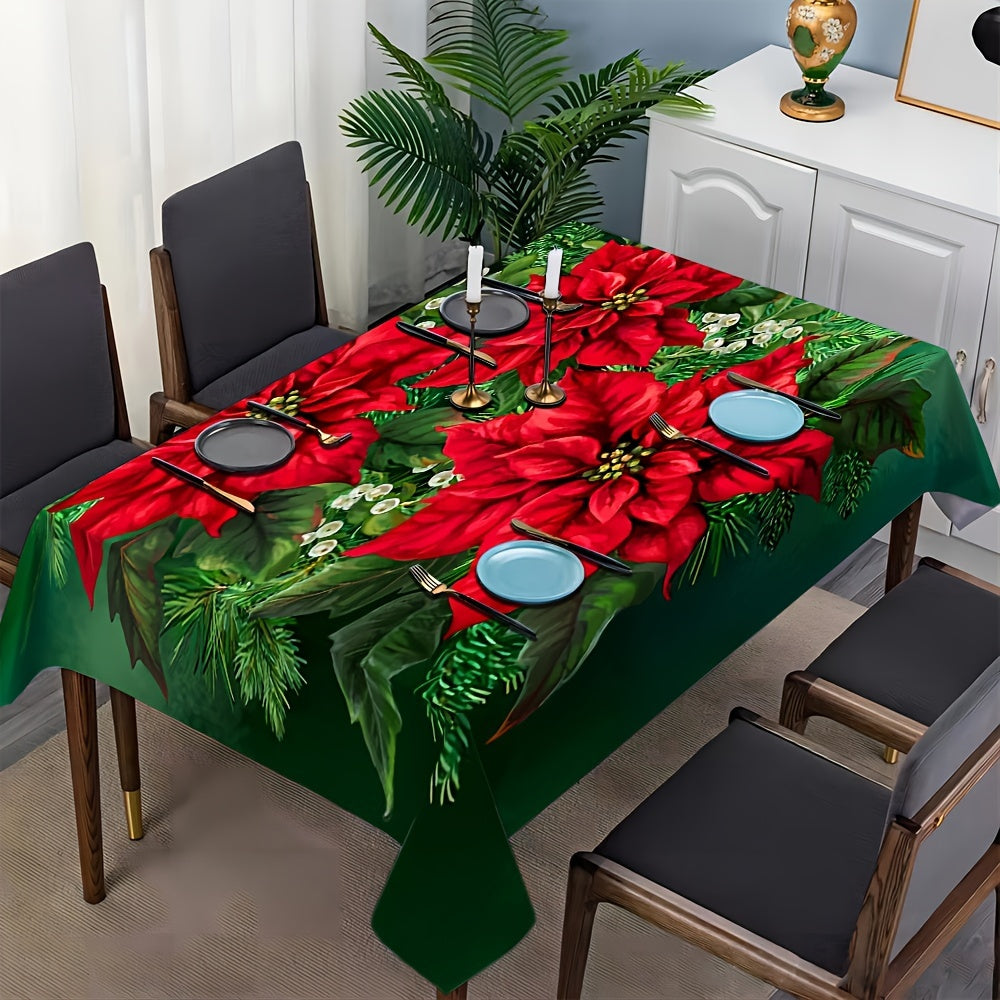 Festive Poinsettia Print Polyester Tablecloth - Square Christmas Table Cover, Stain & Wrinkle Resistant, for Indoor and Outdoor Dining Decoration